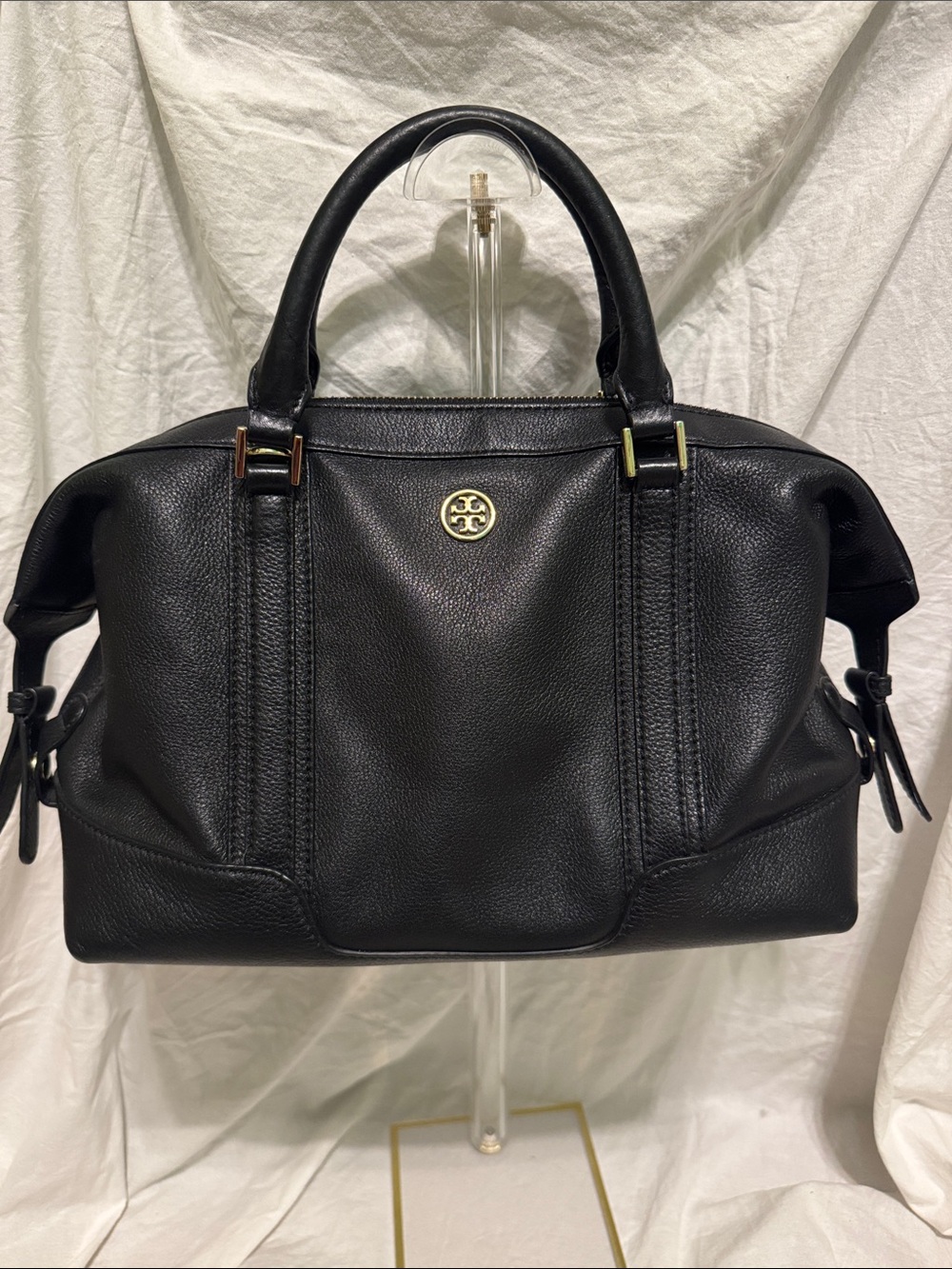 Tory Burch Black Pebbled Leather Satchel with Gold Logo